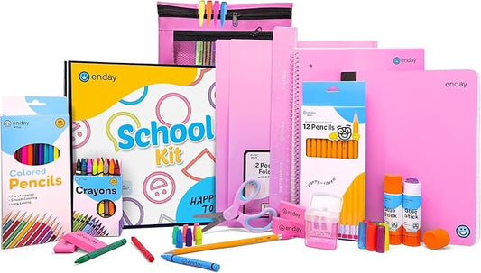 Enday Back to School Supplies for Kids, Pink School Supply Box Grades K-5, Premium Quality Kids School Kit, Kindergarten Supplies for Girls and Boys, 78 Piece Set