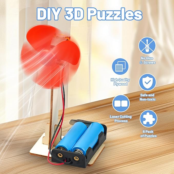 6 STEM Science Kits for Kids Age 8-12, STEM Building Toys for 8-10 Year Girls Boys Wood Crafts, Electric Fan Experiments Activities Circuit Projects, Bulk Summer Gifts for Kids Classroom Party Favors