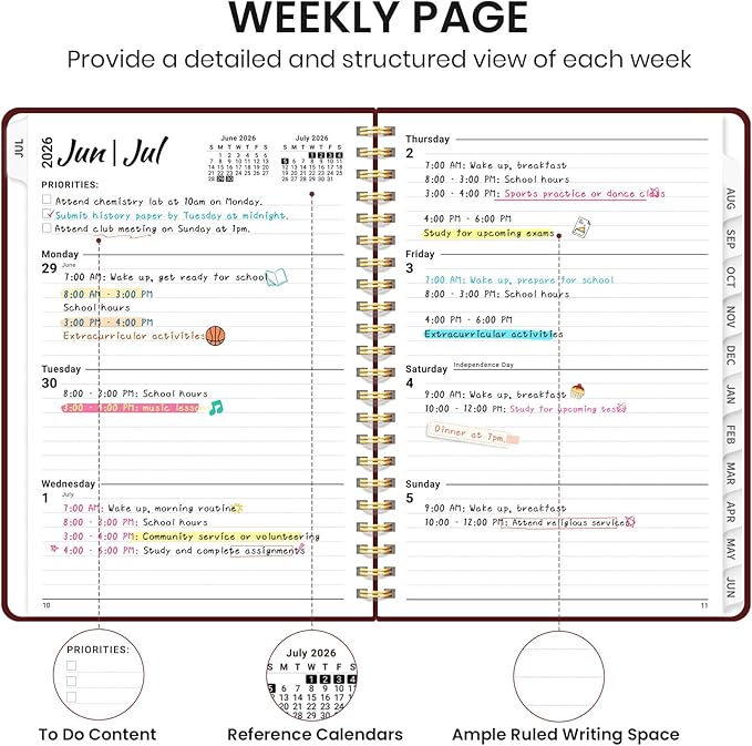 Planner 2026-2027 for Women & Men, Academic Monthly and Weekly Calendar Planner, Jul 2026 - Jun 2027, A5 (6.3" x 8.5"), Teacher Student Planning Book with Tabs, Ideal for Office School Supplies - Burgundy