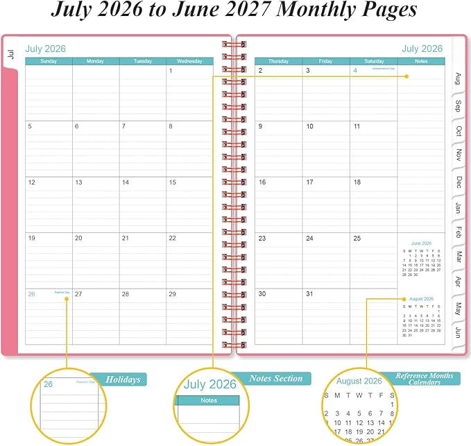 Planner 2026-2027 - A5 Weekly & Monthly Planner Spiral Bound, July 2026 - June 2027, with Flexible Cover, Tabs, Inner Pocket, 6.4" x 8.5", Pink