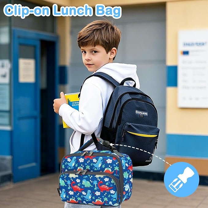 FlowFly Kids Lunch box Insulated Soft Bag Mini Cooer Back to School Thermal Meal Tote Kit for Girls, Boys,Dinosaur