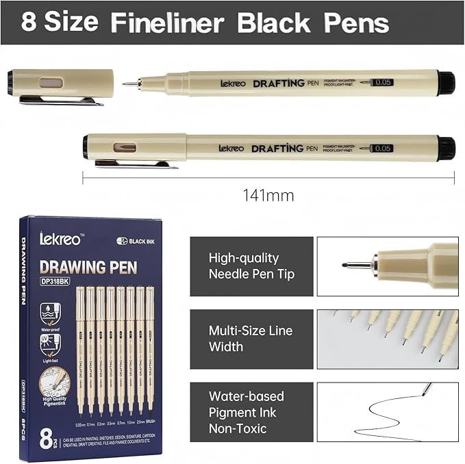 Fineliner Pens - Archival Black Ink Pen - Pens for Writing, Drawing, or Bullet Journaling - Assorted Point Sizes (8 Count (Pack of 8))
