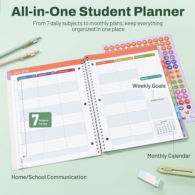 Student Planner 2026-2027, SUNEE Middle or High School Student Planner for Academic Year Jul. 2026 - Jun. 2027, 8.5"×11" Lesson Plan Book with 3-Hole Punched, Bookmark, Planning Stickers, Green Waves