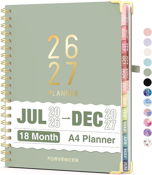 Jul 2026 - Dec 2027 Planner, Forvencer 18 Month Academic Planner 2026-2027, 8.5" x 11", Calendar Planner Weekly and Monthly, Daily Agenda Book, College School Supplies for Student Teacher, A4, Green