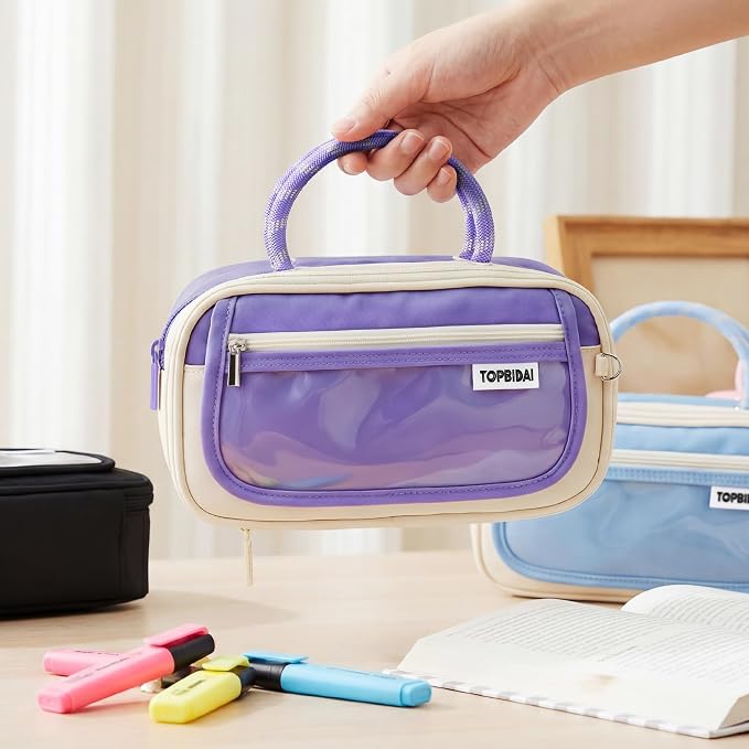 TOPBIDAI Large Pencil Case Pouch School Supplies for Girls Boy Women Men | Big Pencil Bag with 5 Compartments, Easy Grip Handle, Office College School Pencil Box