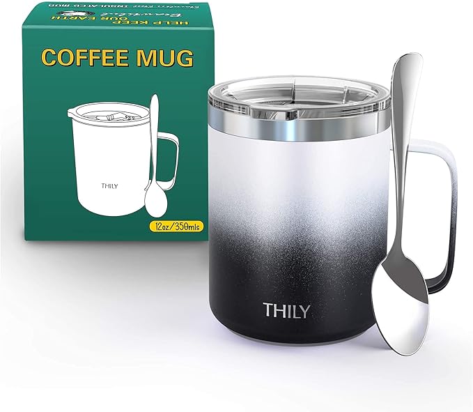 THILY Stainless Steel Insulated Travel Mug 12 oz Vacuum Insulated Coffee Cup with Handle, Spill-proof Lid, Keep Coffee Cold or Hot, Black & White