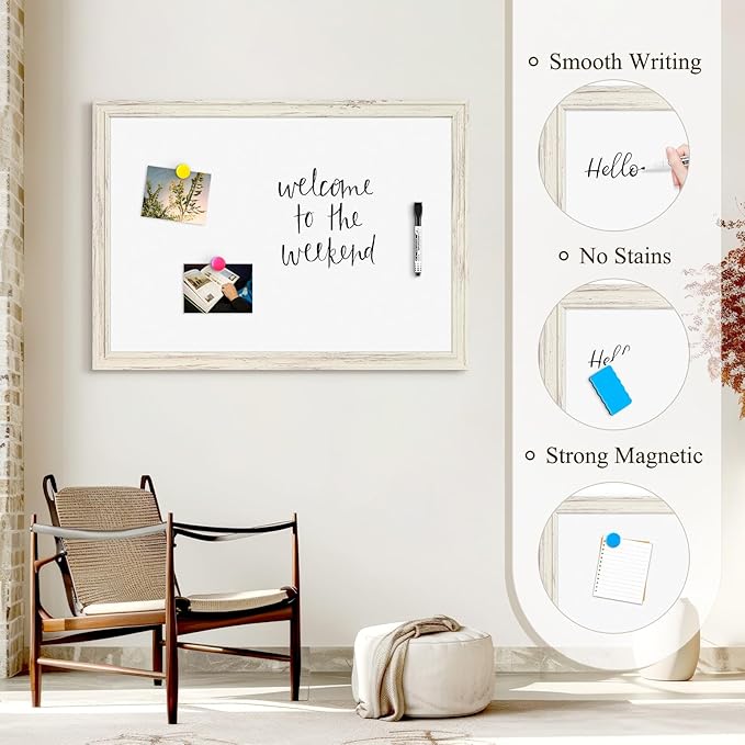 4 THOUGHT Dry Erase Board, 36 x 24 in Magnetic Whiteboard White Vintage Wood Frame Wall-Mounted White Board Decorative Notice Board for School, Office, Home, 8 Magnets 4 Markers 1 Eraser