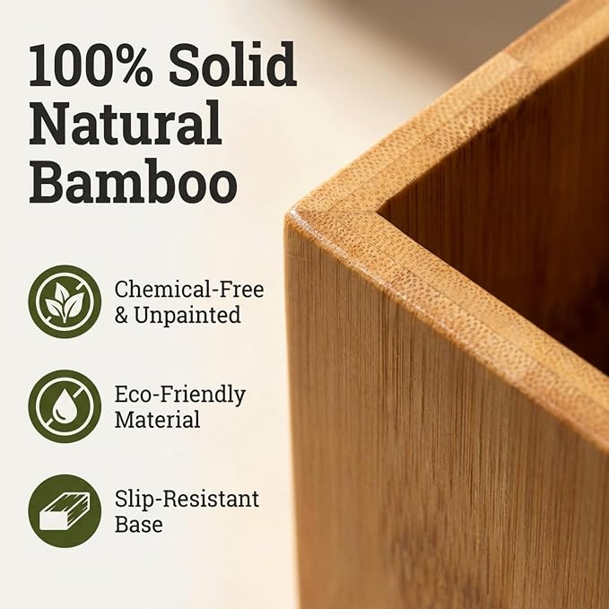 Eco-Friendly Bamboo Pen Holder | Minimalist Wooden Pencil Cup | Natural Desk Organizer Box for Office, School, or Vanity | Sustainable Square Storage Container | Unpainted Finish