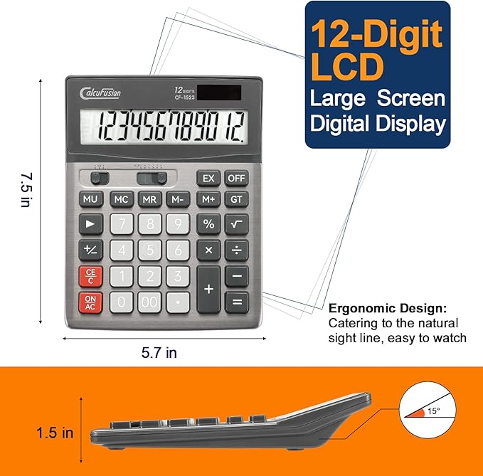 Desktop Calculator 12 Digit with Large LCD Display Big Buttons Basic Standard Function Solar Calculator with Battery Desk Calculators for Office School Home CF-1523