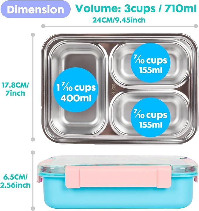 Stainless Steel Bento Lunch Box for Kids, 710ml/23.5oz BPA-Free Leak-Proof Food Containers with 3 Compartments, Back to School Students Daycare Lunches Snack Container Size for Ages 3-7