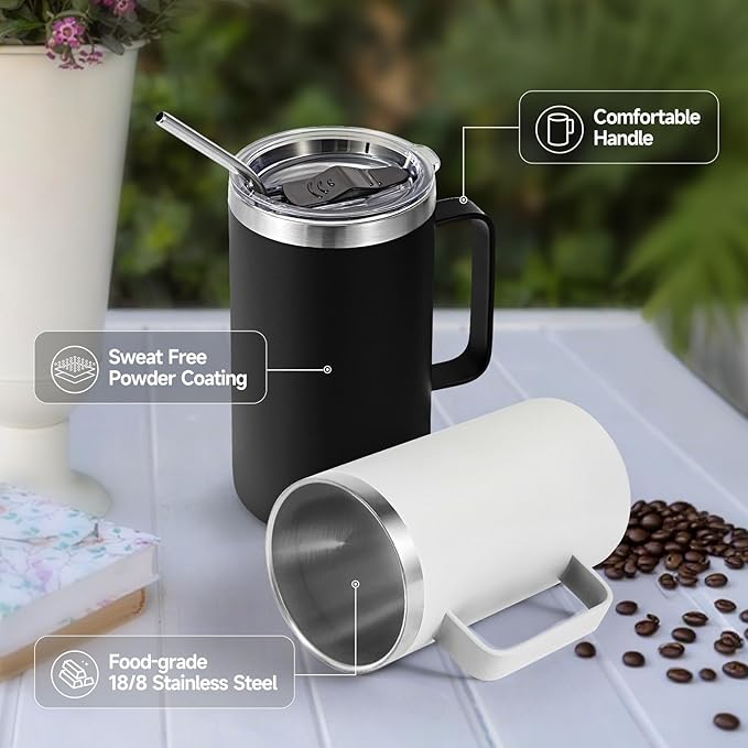 Volhoply 22oz Insulated Stainless Steel Coffee Mugs with Leakproof Lid Bulk 2 Pack,Double Wall Vacuum Travel Coffee Cup with Handle,Reusable Metal Tumbler,Camping Mug Keep Hot&Cold(Assorted,2)