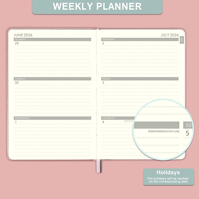 Planner 2026-2027 - Weekly and Monthly Planner with Stickers, 5.7" X 8.2", July 2026 - June 2027, 2026-2027 Calendar Planner, Pen Holder, Inner Pocket, 44 Notes Pages - Rose Gold
