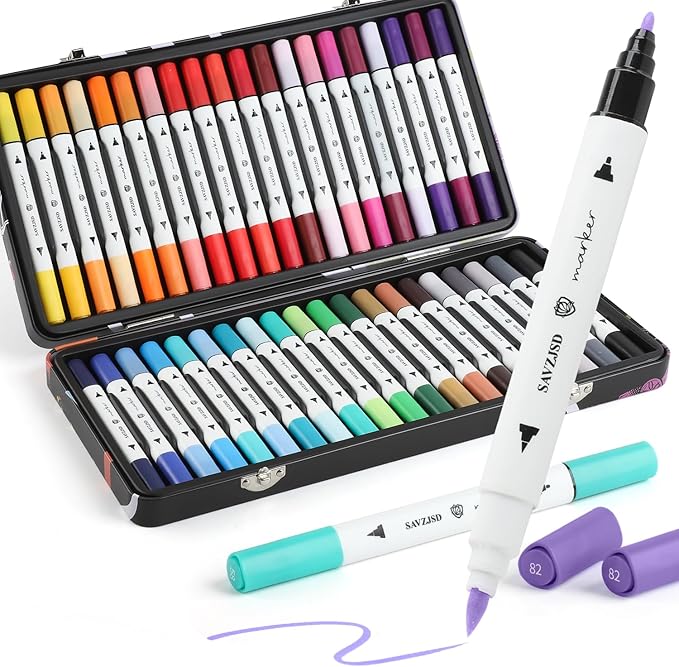 SAVZJSD 40 Colors Alcohol Markers, Premium Dual Tip Markers Set with Metal Box for Artists, Adults in Coloring & Painting (Brush & Fine