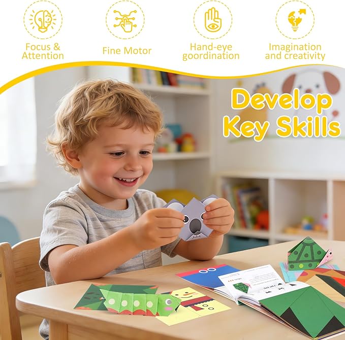 Origami Paper Kit for Kids Ages 5-8 8-12 Easy-Fold Set with Guide Book ,90 Patterns for Beginners Paper Craft Supplies,Ideal for Classroom Art, Birthday Holiday Children’s Day DIY Gifts for Kids