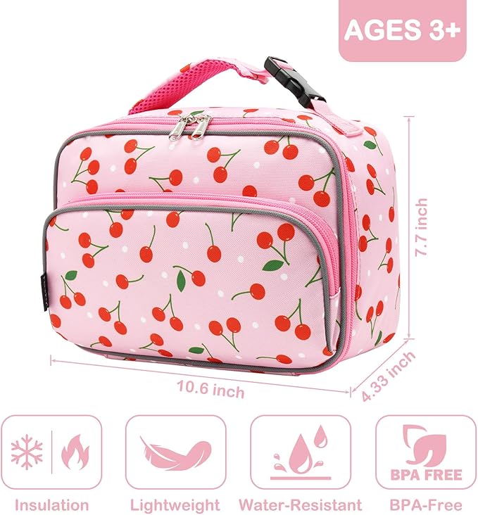 FlowFly Kids Lunch box Insulated Soft Bag Mini Cooler Back to School Thermal Meal Tote Kit for Girls, Boys,Cherry