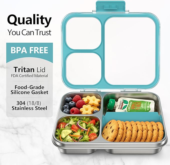 HOMEKOL Stainless Steel Bento Lunch Box, 3-Compartment Leak-Proof Metal Lunch Container for Kids & Adults, BPA-Free, Dishwasher Safe, Clear Tritan Lid, 4.2Cups/1000ml Blue (Not Insulated)