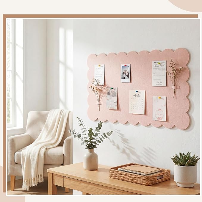 Mooliwe Scalloped Felt Bulletin Board 36 x 18 Inches Foldable Flesh Pink Pin Cork Board Alternative for Wall, 3' x 1.5' Trifold Picture Vision Self Adhesive Bulletin Decorative
