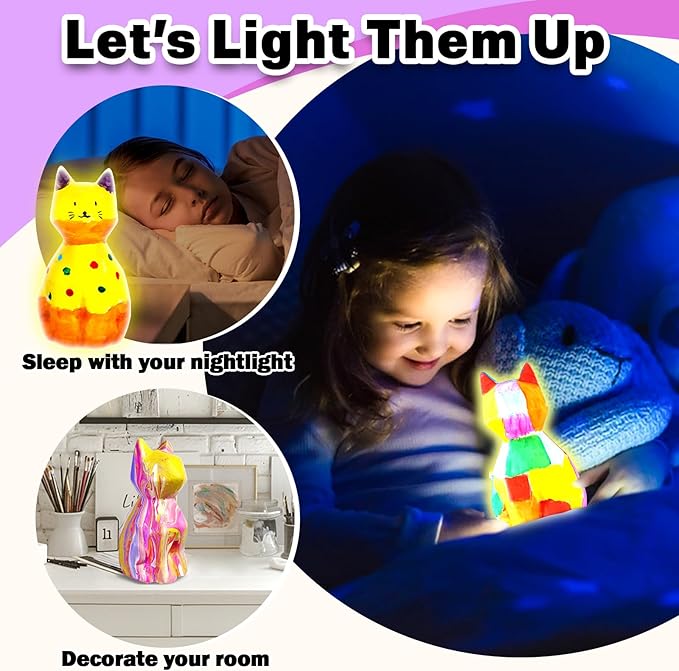 FUNZBO Paint Your Own Cat Lamp Kit - Arts and Crafts Supplies Kitten Painting for Kids Teens, DIY Night Light Toy for Girls Boys Age 3 4 5 6 7 8 9 10 11 12 13 Birthday Gifts