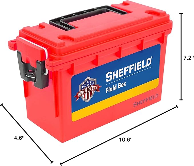 Sheffield 12636 Ammo Storage Box, Stackable .30 Cal Field Boxes, Water and Dust Resistant, Lockable Storage Box with Handle, Secures Hunting Gear, Supplies, and Bullets, Made in USA, Red, (Pack of 6)