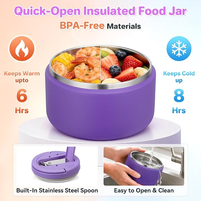 Bento Lunch Box with 8oz Soup Thermo,Kids Leakproof 4 Compartment Lunch Food Containers with Sauce Cup and Ice Pack,Kids Thermo Insulated Hot Food Jar and Lunch Bag for School,Trvael-Purple