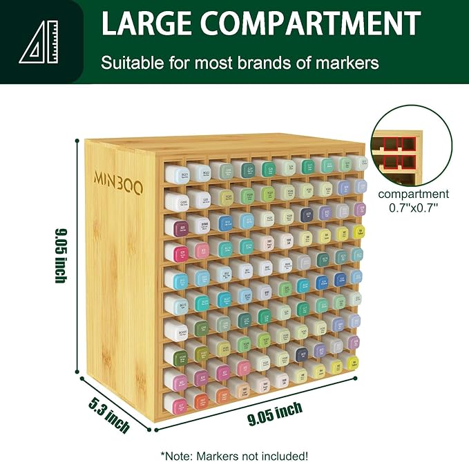 MinBoo Art Marker Storage Organizer for 100 Markers, Bamboo Art Supply Rack, Pens Color Pencils Paint Brushes Stationary Organizer Holder for Home Classroom Office Desk Decor