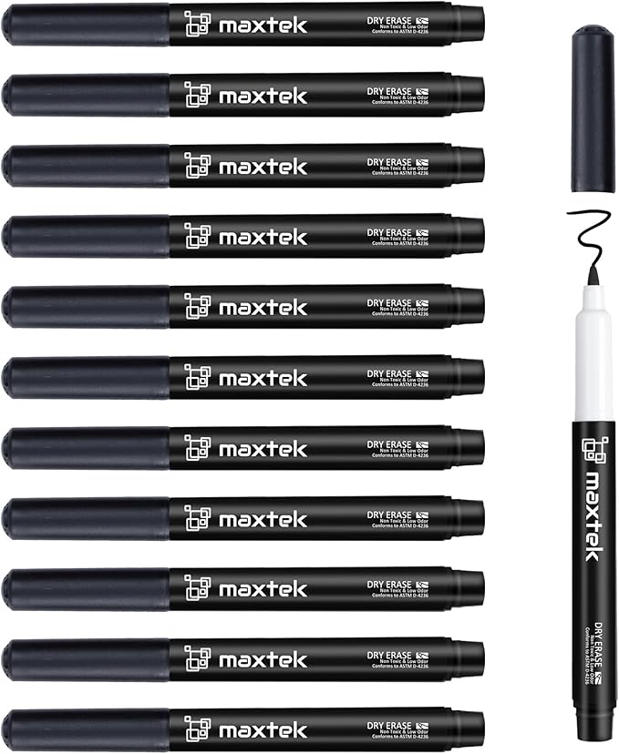 maxtek Black Dry Erase Markers Ultra Fine Tip, 0.7mm, Low Odor, Extra Fine Point Dry Erase Markers for Planning Whiteboard, Calendar Boards, Whiteboard Markers for School Supplies (12 Count)