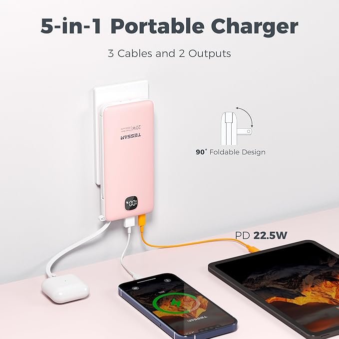 Portable Charger with Built in Cables,TESSAN 10000mAh Power Bank Fast Charging with Foldable Wall Plug Charger, PD20W Compact Battery Pack Travel Essentials for iPhone 17/16/15 Series,Samsung,Tablets