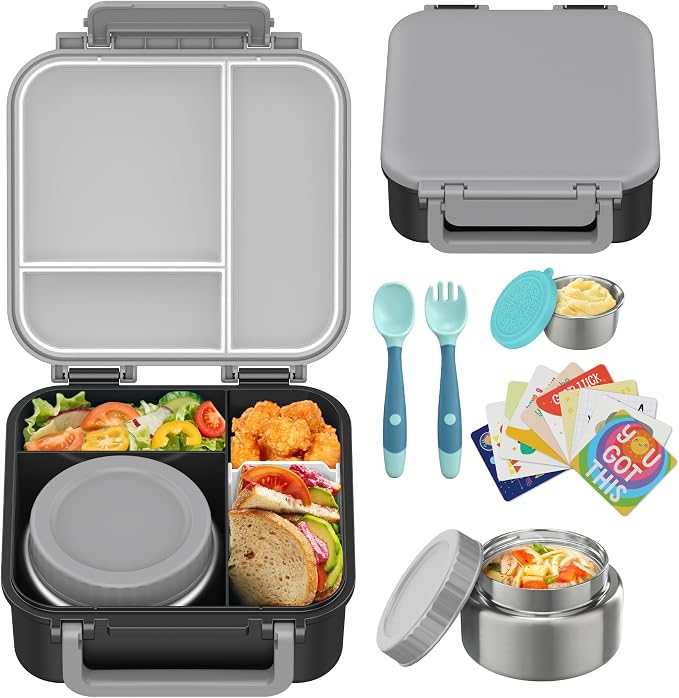 Kids Bento Lunch Box with 9oz Soup Thermo Leakproof Lunch Food Containers 4 Compartment with Insulated Hot Food Jar for Kid Toddler Girls Boys to School, Trvael