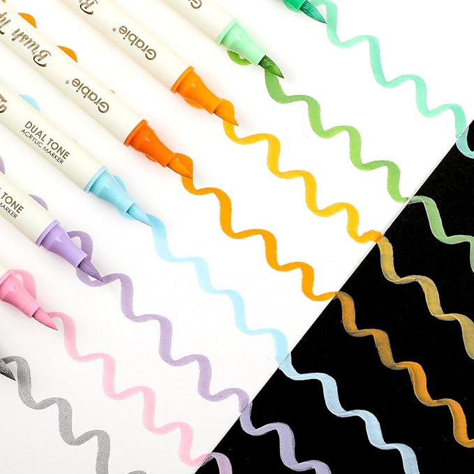 Grabie 120 Colors Acrylic Paint Markers, 60 Pack Dual Tip Soft Brush Acrylic Markers, Water-Based Paint Pens for Paper, Rock Painting, Wood, Canvas, Glass, Fabric, DIY Craft Art Supplies for All Ages