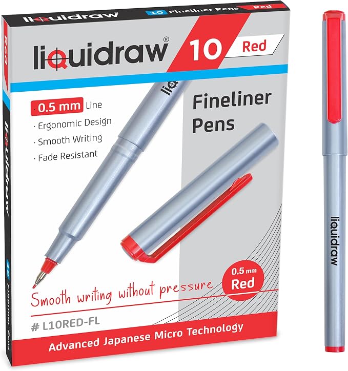 Liquidraw Red Colored Fineliner Pens, Fine 0.5mm Tip, Set of 10