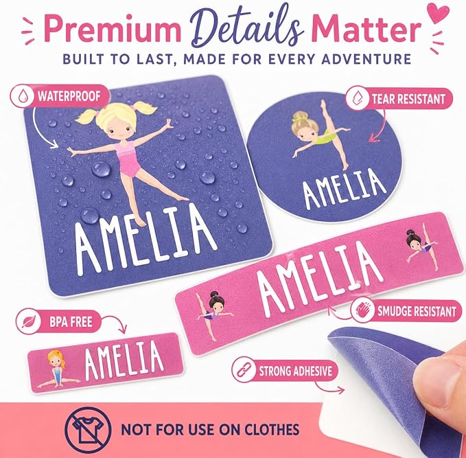 Andaz Press Custom Personalized Waterproof School Name Labels, Gymnastics, 120-Pack, Kids Labels Combo Pack, Customizable Multi-Use Name Stickers for Preschool, Daycare, Supplies, Office, Camping