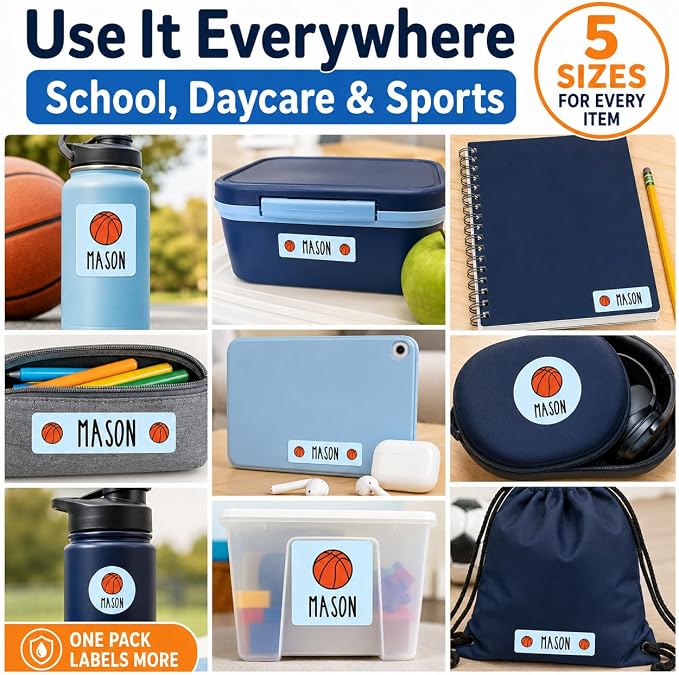 Andaz Press Custom Personalized Waterproof School Name Labels, Basketball, 120-Pack, Kids Labels Combo Pack, Customizable Multi-Use Name Stickers for Preschool, Daycare, Back To School Supplies, Sport