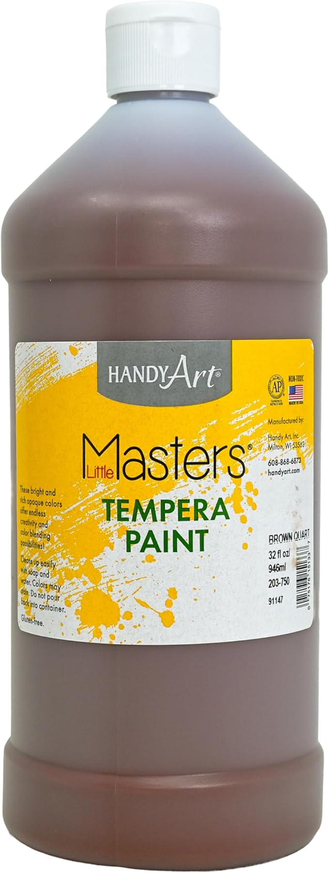 Handy Art Little Masters Tempera Paint, Brown, 32 oz Bottle, Bright & Mixable, High Opacity, Washable Colors for Classroom, Students, Kids, Young Artists, Safe & Non-Toxic, Made in USA