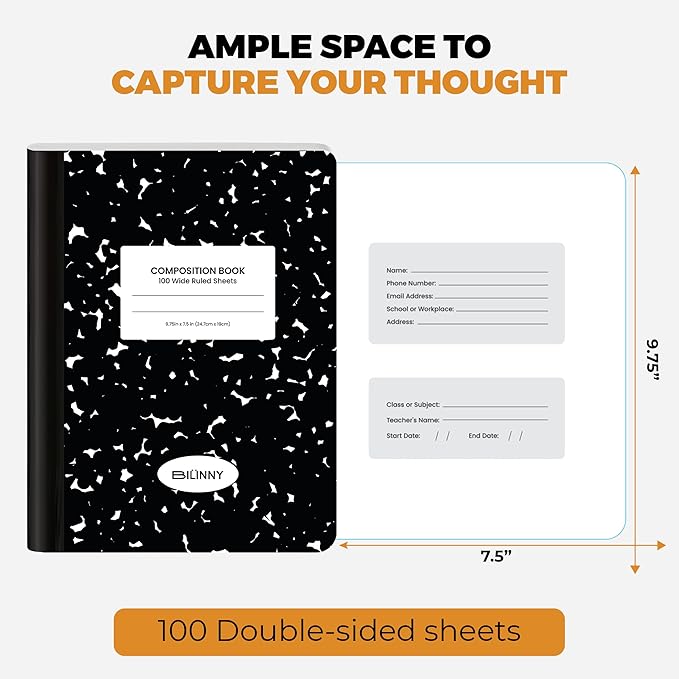 Bilinny Composition Notebook, Wide Ruled - 9.75" X 7.5" - Hardcover Marble Notebooks for School - 2 Pack (100 Sheets In Each)