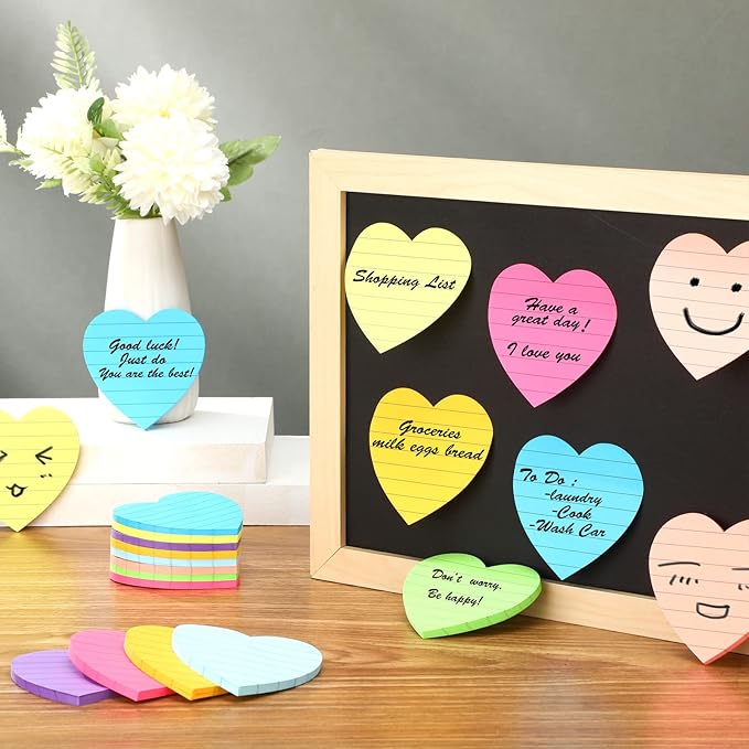Teling 24 Pack Heart Shape Sticky Notes Heart Lined Sticky Notes Self Adhesive Memo Pads for School Party Exchange Gifts Office Home School 3x3 Inch(Bright Color, Classic)
