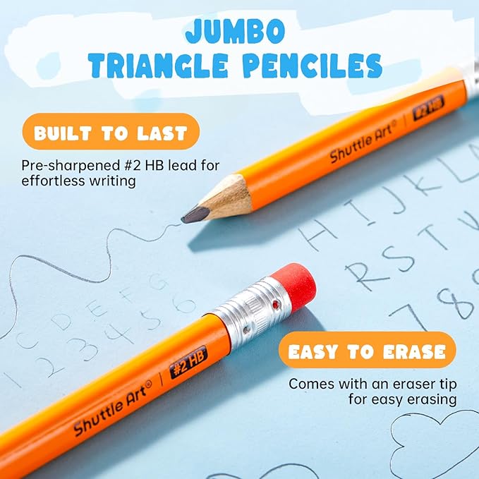 Shuttle Art Jumbo Pencils - 36 Pack Triangle Pre sharpened Pencils #2 HB with Top Erasers & Sharpener, for Kids Ages 4-6, Kindergarten School Supplies, Ideal for Home, Classroom