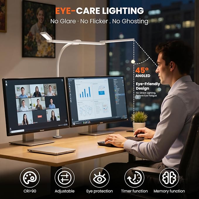 LED Desk Lamp for Office Home, Adjustable 3 Head Computer Monitor Light with Clamp, Eye Caring Clip on Desk Light Stepless Dimming, Auto-off Timer Architect Desk Lamp for Reading Study Workbench White