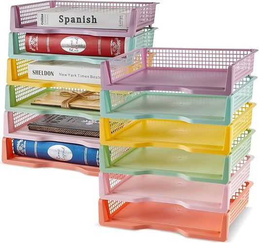 gisgfim 12 Pack Plastic Turn in Paper Trays for Classroom Pastel Storage Bin Basket Organizers for School Teacher Supplies Classroom Office Home Organization Storage Tray Holds 4A Paper File Document