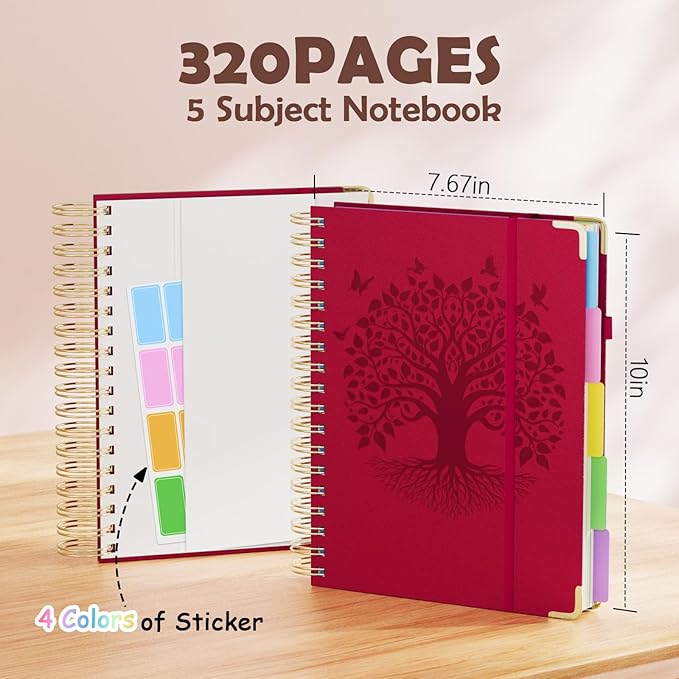 QIYVLOS Hardcover Spiral Notebook, B5 Journal with Removable Dividers Tabs, 5 Subject Notebook College Ruled, 320 Pages 8"x10" Leather Notebooks for Work School Study, Lined Journal for Women, Red