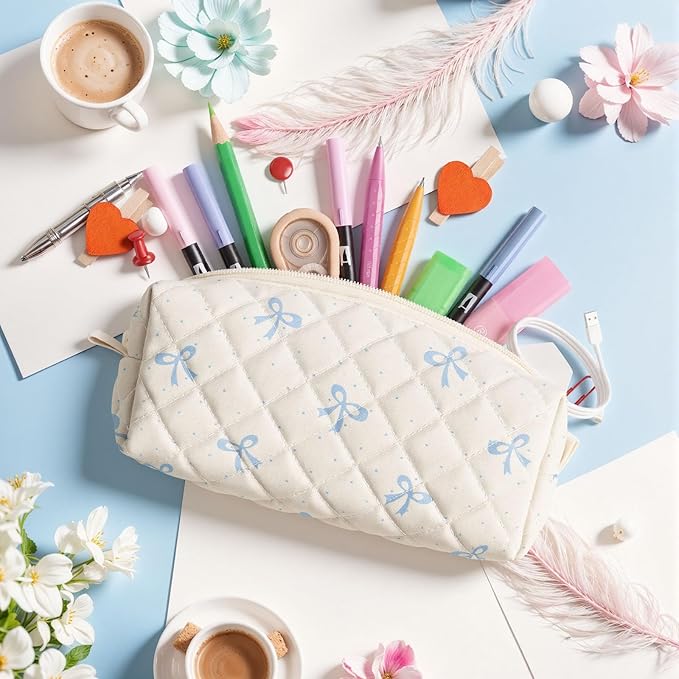 Cute Quilted Pencil Case for Girls Women, Aesthetic Small Floral Pencil Pouch,Slim Soft Pencil Bag for School Supplies Makeup Pouch for School & Daily Use (Blue Mini Bow)