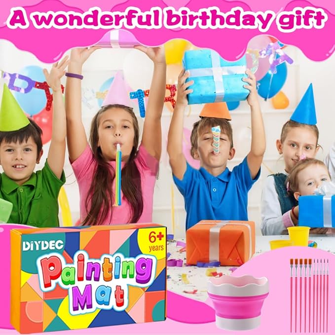 DIYDEC Silicone Painting Mat for Kids 20X16 Inch Large Art Mat with Detachable Cup &10 Painting Brushes Craft Sheets for Boy Girl Birthday Gift DIY Accessories (Rose Red)