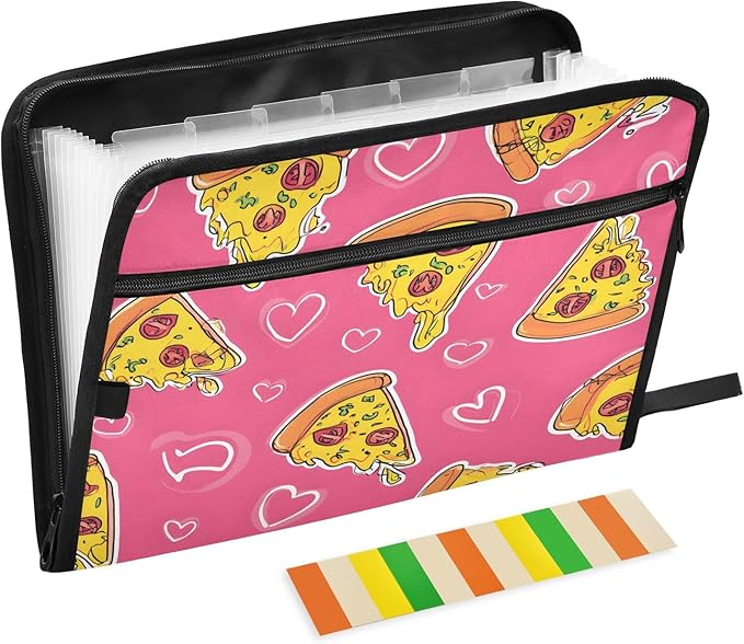 Pizza Pink Love Pattern 13 Pocket File Organizer Expanding File Folder with Front Pouch Portable Business File Storage Document Organizer Folder with Zipper