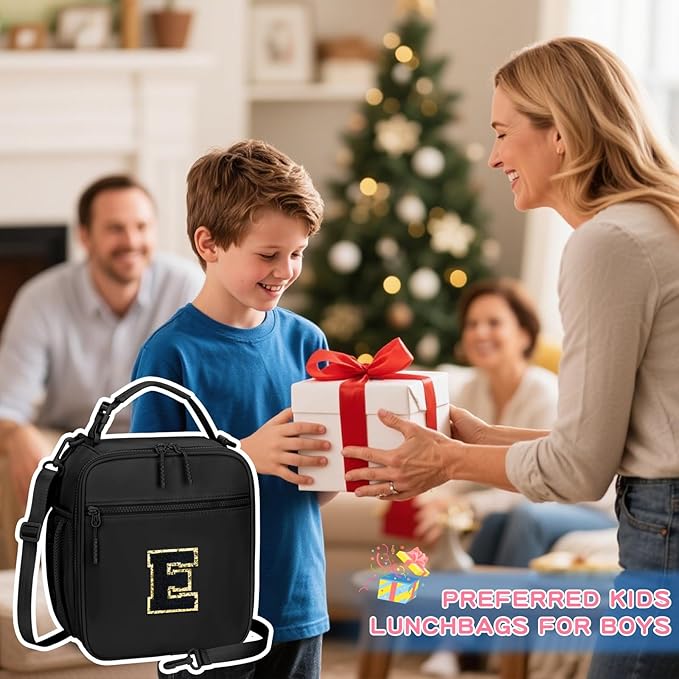 Initial Insulated Lunch Bag for Boys Kids, Back to School Gift, Reusable Leak-proof Lunch Box with Adjustable Strap for School Daycare Travel Picnic（Black，E）