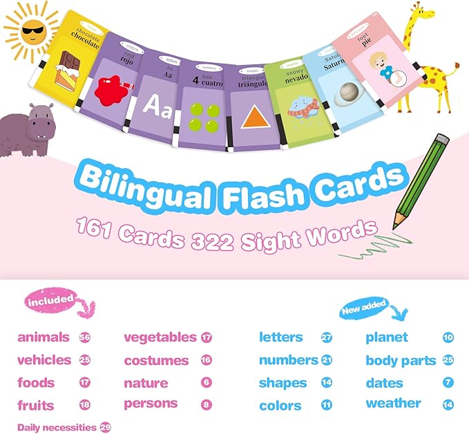 TimingSXD 161 Cards Spanish Flash Cards for Kids,Bilingual Flash Cards for Toddler/Beginning - ABC,Numbers,Colors,Shapes Español/English Talking Flash Cards for Preschool,Kindergarten,Ages 1-8