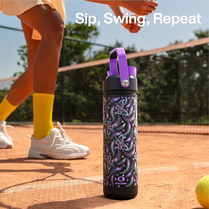 ENCOOL Insulated Water Bottle with Straw Stainless Steel Water Bottle, Glow in the Dark, Leak-Proof, BPA-Free, Keeps Cold for 24 Hours for Sports, Travel, School (26 oz, Midnight Butterfly)