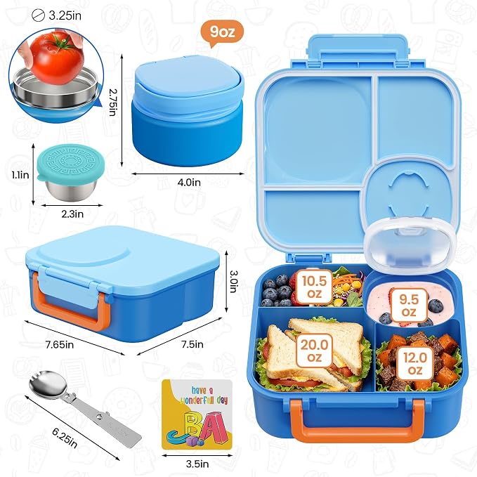 wiwens Kids Bento Lunch Box with Soup Thermo Food Lunch Container for Kid | 4 Compartment Leak-Proof Kids Lunch Box,9oz Stainless Steel Insulated Hot Food Jar,for Boys Girls Toddler to School Travel