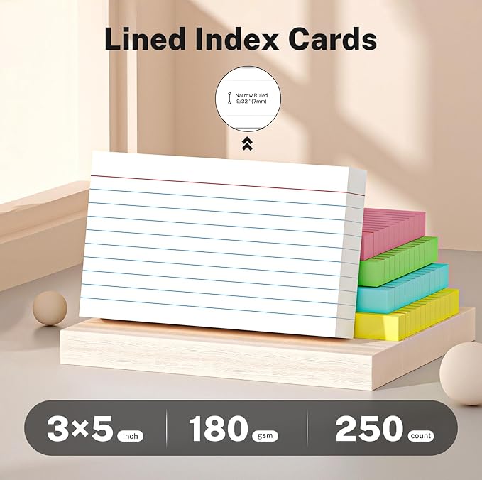 Colored Index Cards 3x5 Inch, 250 Count Ruled Flash Cards for Studying, 50 Pack Of 5, Multilcolor Notecards Lined Flash Cards Bulk, Neon Flashcards Note Cards, 3x5 Index Cards for School, Home, Office