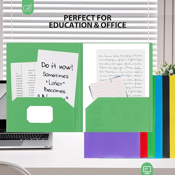 Plastic Folders with Pockets, 6 Rainbow Colors, 2 Pocket, Letter Size | 8.5x11 Paper, Business Card Slot, Black to School Supplies, For Kids / Students / Teachers, Office Organization