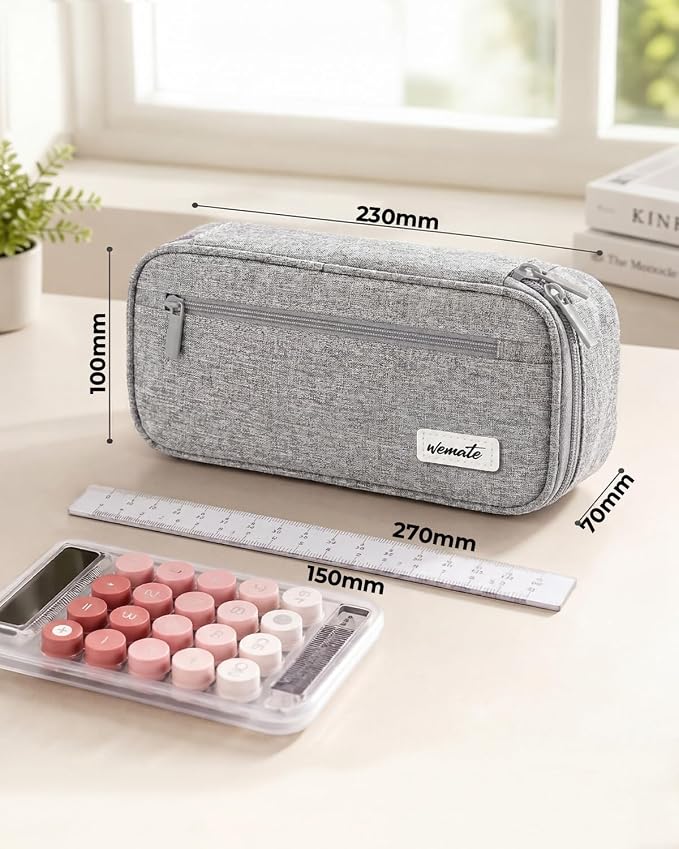 WEMATE Pencil Case, Large Capacity Pencil Pouch, Big Storage Organizer | for Stationery, Zipper Pen Bag, Travel Pen Box, Office Organizer Makeup Bag, for Men Women Light Grey