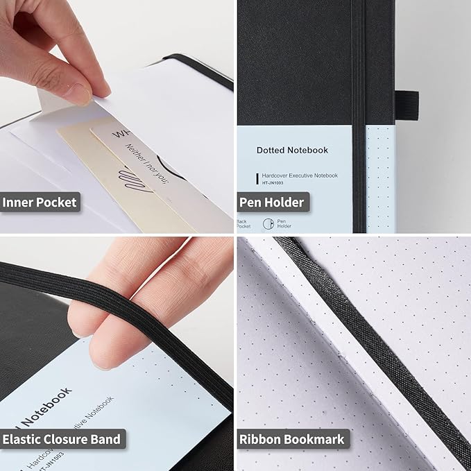 Heture Hardcover Dotted Notebooks, A5 Dotted Journal Notebook for Writing 160 Pages, 8.2 x 5.5 inch, Classic Dotted Notebooks for College/Work/Travel(Dotted-3 Pack, Black)